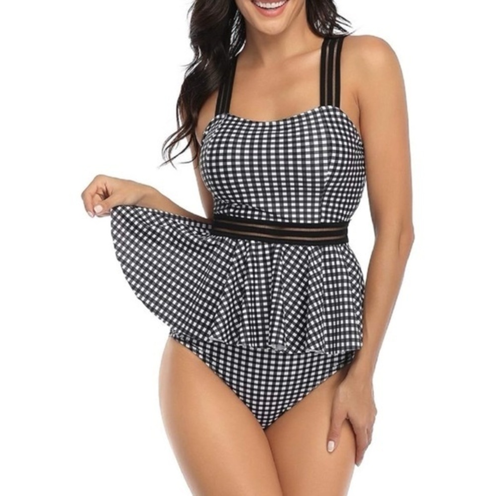 Women's Black White Checked Gingham Cross Back Swim Suit No Brand EUC XXL #944